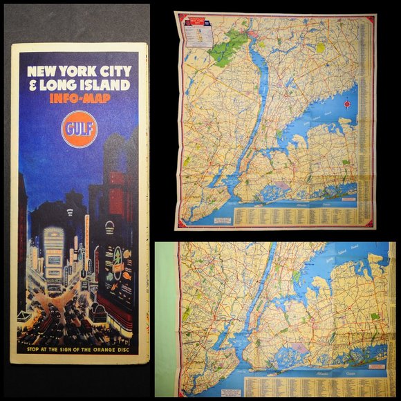 Vintage 40's Gulf Oil NEW YORK CITY & Long Island Travel Road Map Wall Decor
